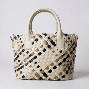 Anne Klein Woven Tote Satchel Bag White Black Beige Weave Top Handle Purse Logo
